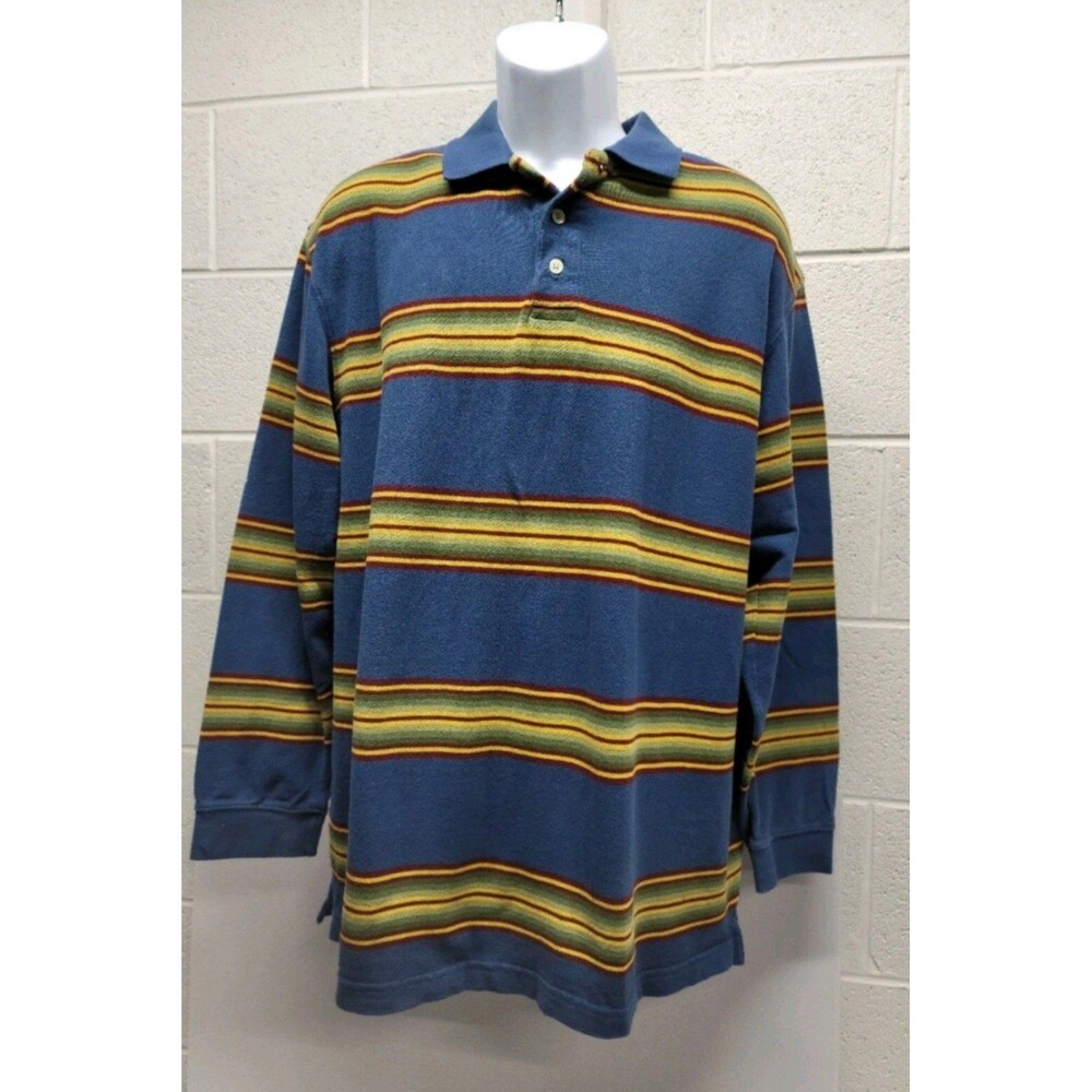 Sun River Polo Shirt Mens L Blue Green Yellow Red Striped Long Sleeve
